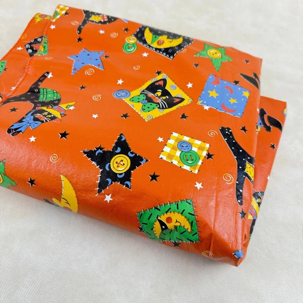 Halloween Vinyl/Flannel Backed Tablecloth Orange Black Cat Moon Stars 86